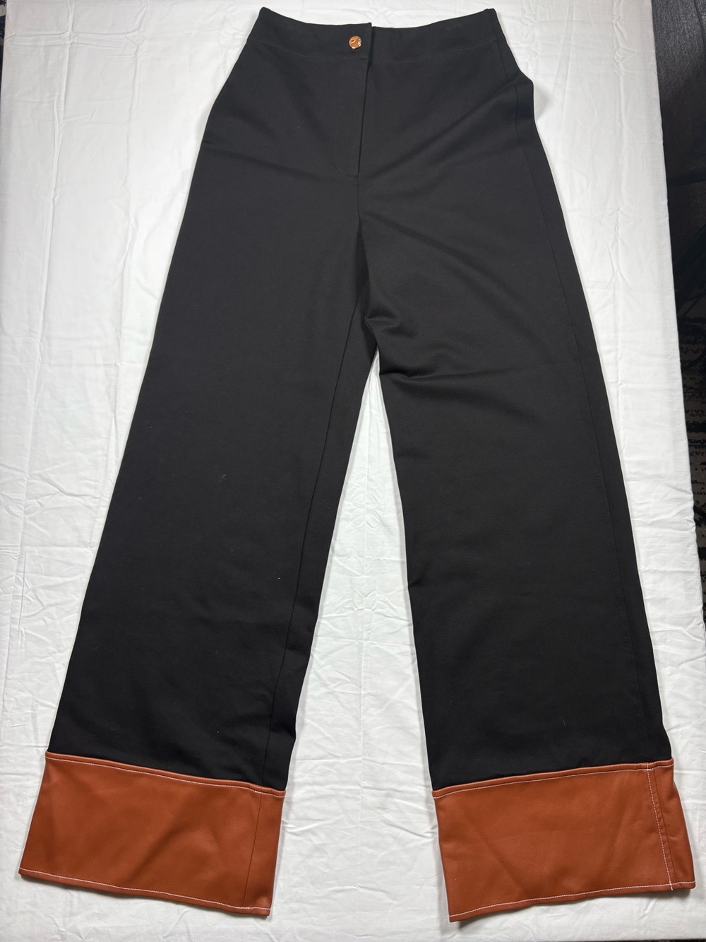 STAUD Black Wide-Leg Pants with Brown Cuff